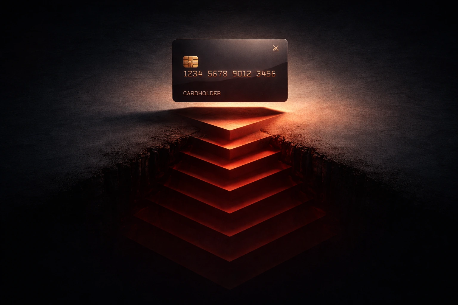 A single credit card floats above a layered shadow that grows larger as it extends downward into darkness.