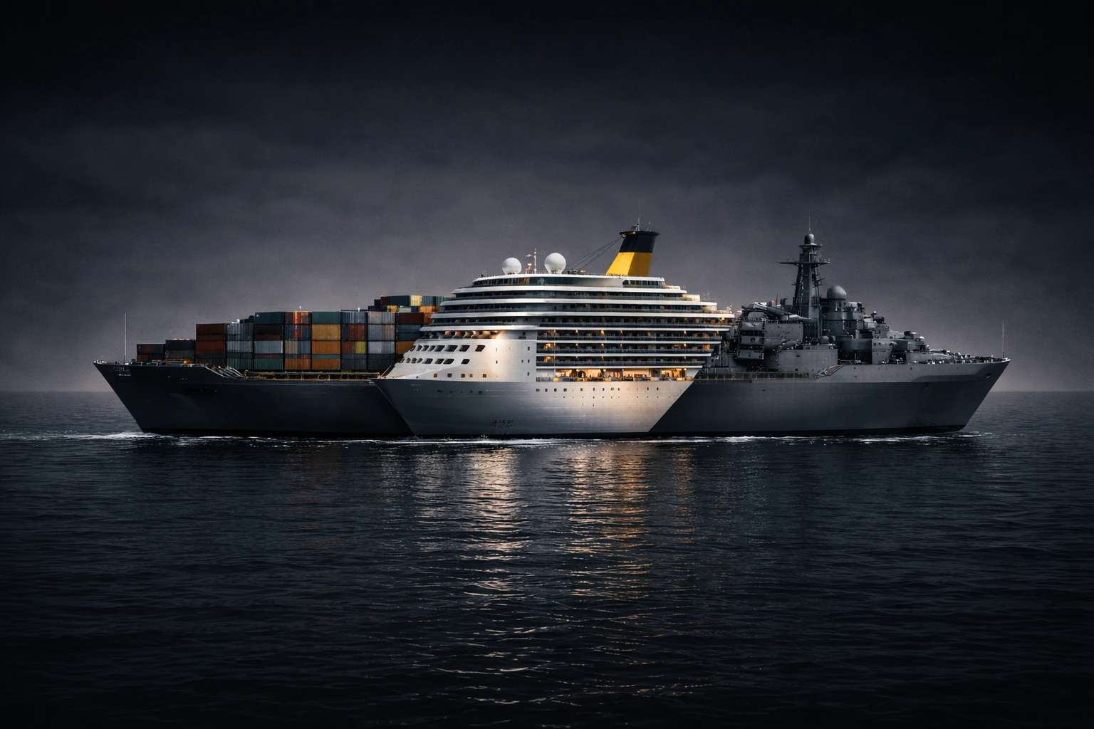 A single ship blends cargo, passenger, and military sections into one inconsistent vessel floating on dark water.