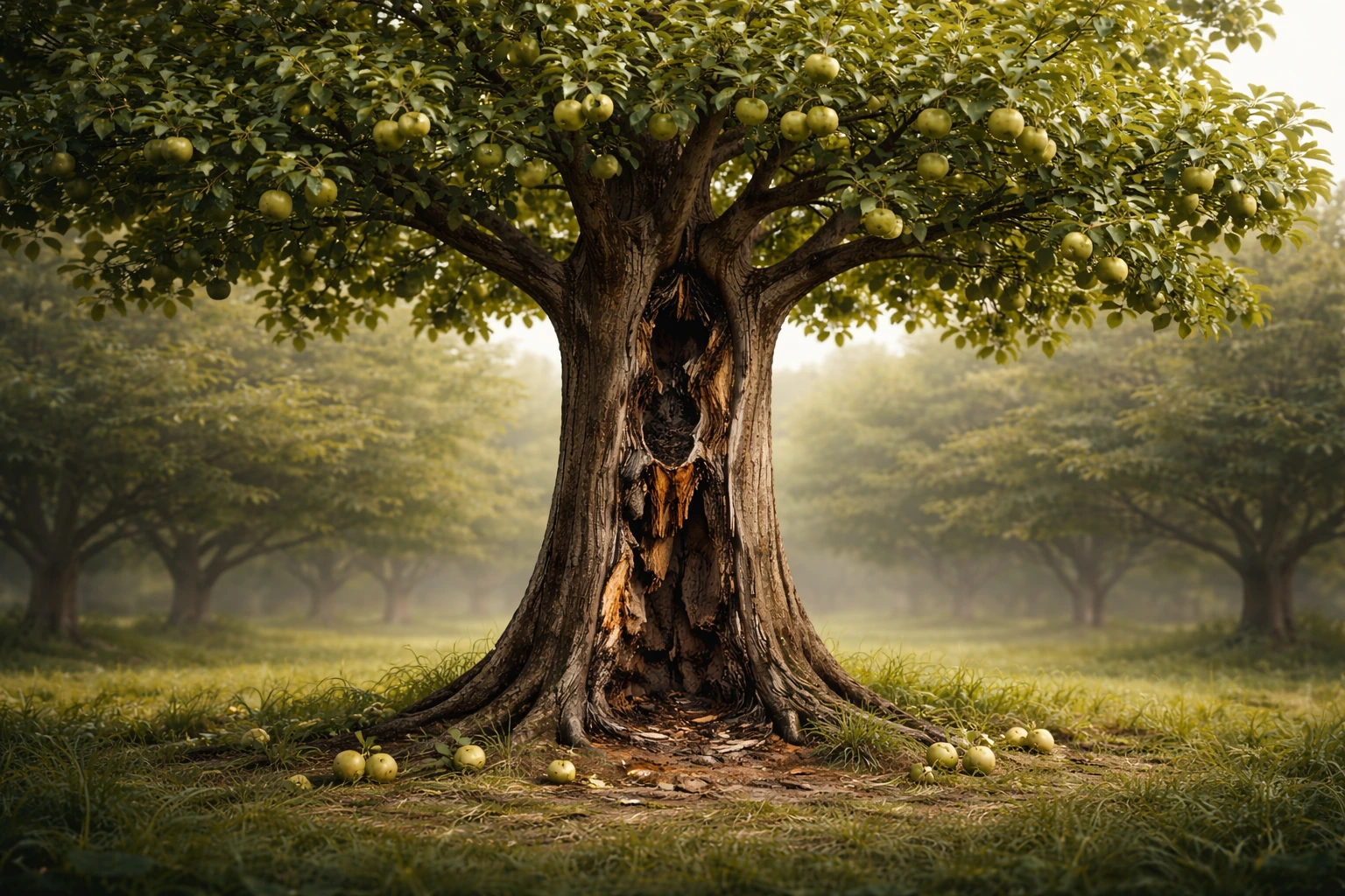 A healthy tree with subtle cracks in its trunk and uneven fruit, with some fruit falling early to the ground.